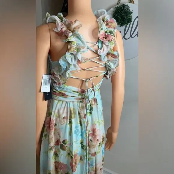 BETSY & ADAM Floral Print Ruffle Lace Back Gown Sz. 4 - Picture 11 of 11